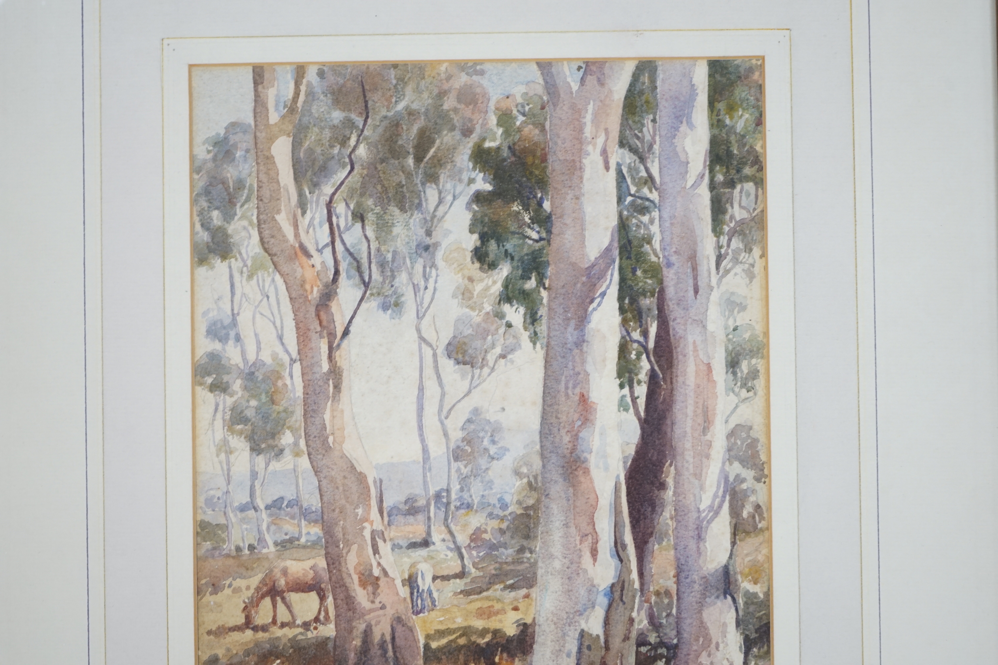 Douglas Pratt (Australian, 1900-1972), watercolour, Woodland landscape with horses, signed and dated '37, 26 x 21cm